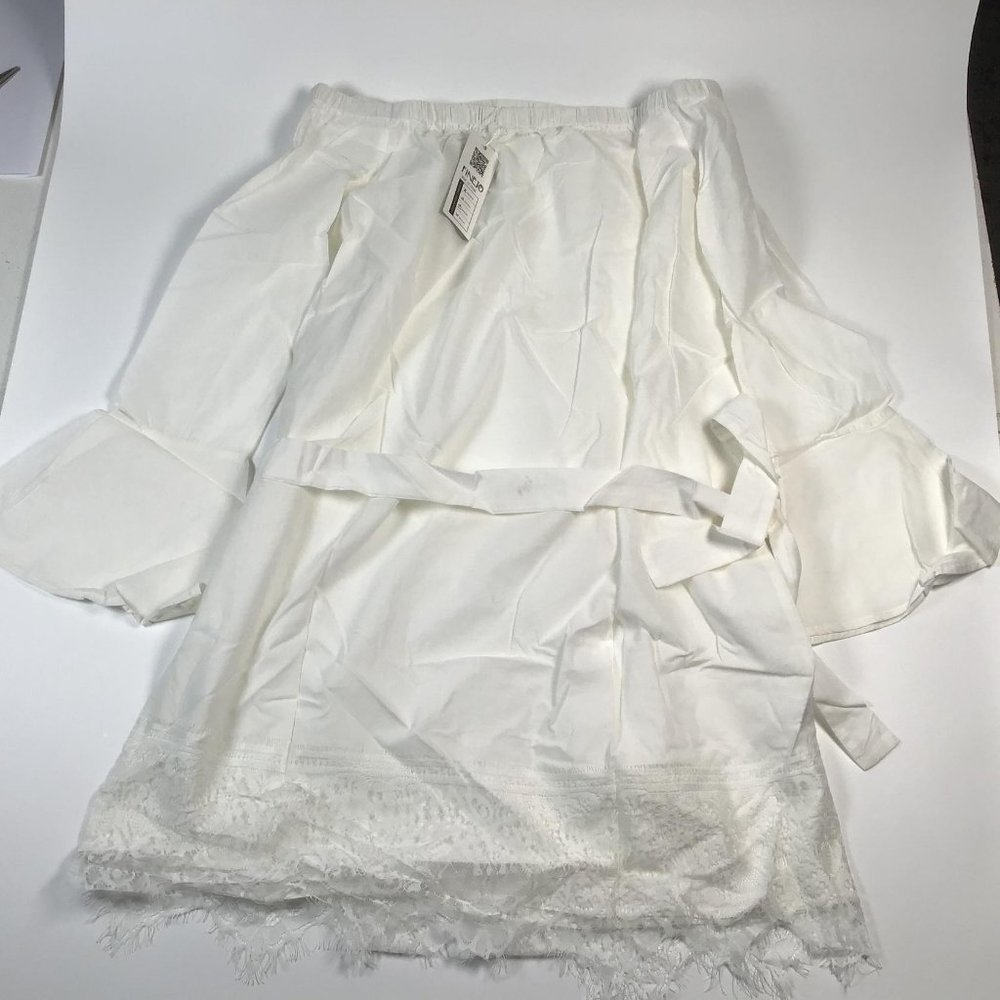 FINEJO Women's Off Shoulder Dress White w/lace L